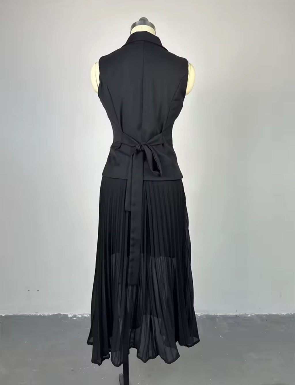 Sleeveless Blazer Pleated Maxi Skirt Set - MD Fashionwear