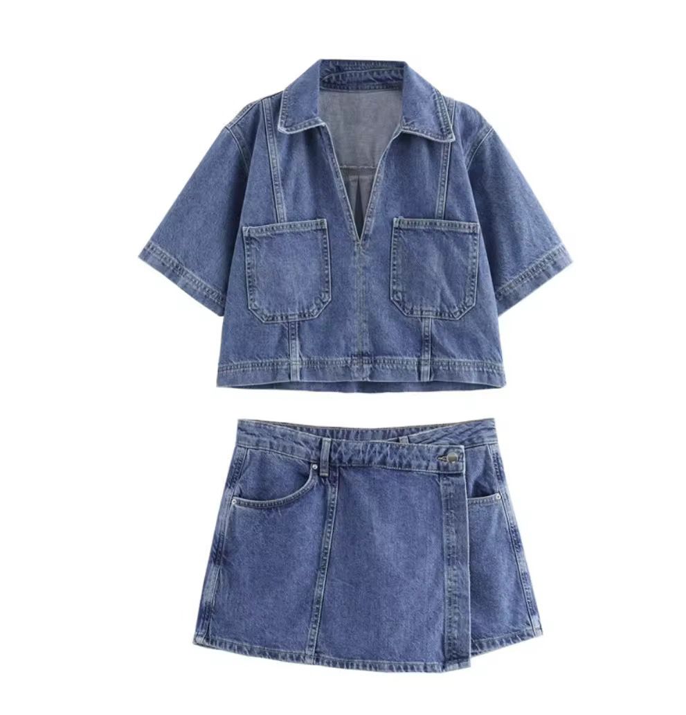 Denim skirt shorts set